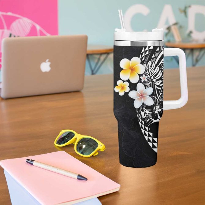 Hawaiian Hibiscus And Plumeria Polynesian Tribal Tattoo Black Color Custom Stanley Quencher 40Oz Stainless Steel Tumbler With Handle - Image 5