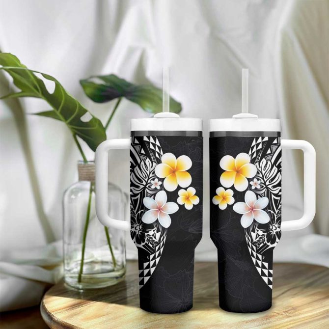 Hawaiian Hibiscus And Plumeria Polynesian Tribal Tattoo Black Color Custom Stanley Quencher 40Oz Stainless Steel Tumbler With Handle - Image 9