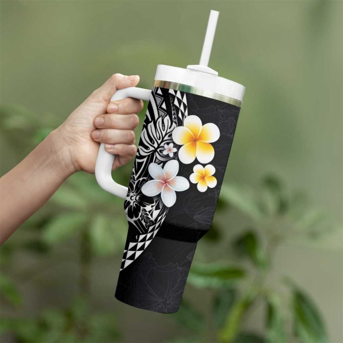 Hawaiian Hibiscus And Plumeria Polynesian Tribal Tattoo Black Color Custom Stanley Quencher 40Oz Stainless Steel Tumbler With Handle - Image 3