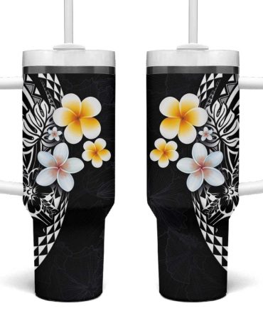 Hawaiian Hibiscus And Plumeria Polynesian Tribal Tattoo Black Color Custom Stanley Quencher 40Oz Stainless Steel Tumbler With Handle