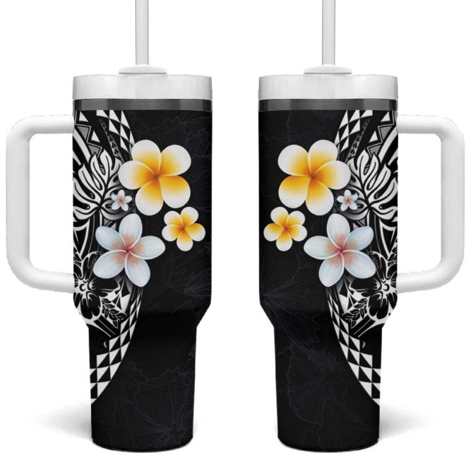 Hawaiian Hibiscus And Plumeria Polynesian Tribal Tattoo Black Color Custom Stanley Quencher 40Oz Stainless Steel Tumbler With Handle