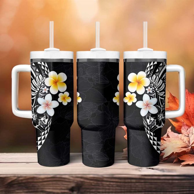 Hawaiian Hibiscus And Plumeria Polynesian Tribal Tattoo Black Color Custom Stanley Quencher 40Oz Stainless Steel Tumbler With Handle - Image 4