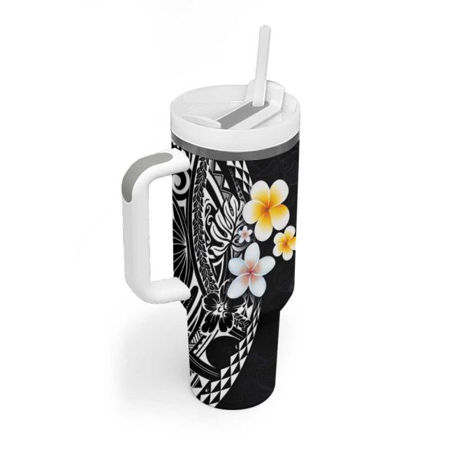 Hawaiian Hibiscus And Plumeria Polynesian Tribal Tattoo Black Color Custom Stanley Quencher 40Oz Stainless Steel Tumbler With Handle - Image 2