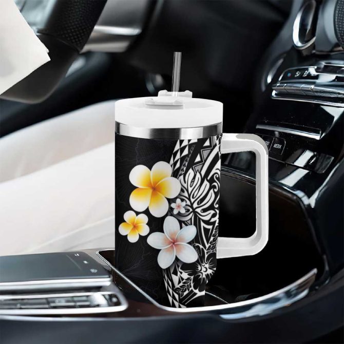 Hawaiian Hibiscus And Plumeria Polynesian Tribal Tattoo Black Color Custom Stanley Quencher 40Oz Stainless Steel Tumbler With Handle - Image 8