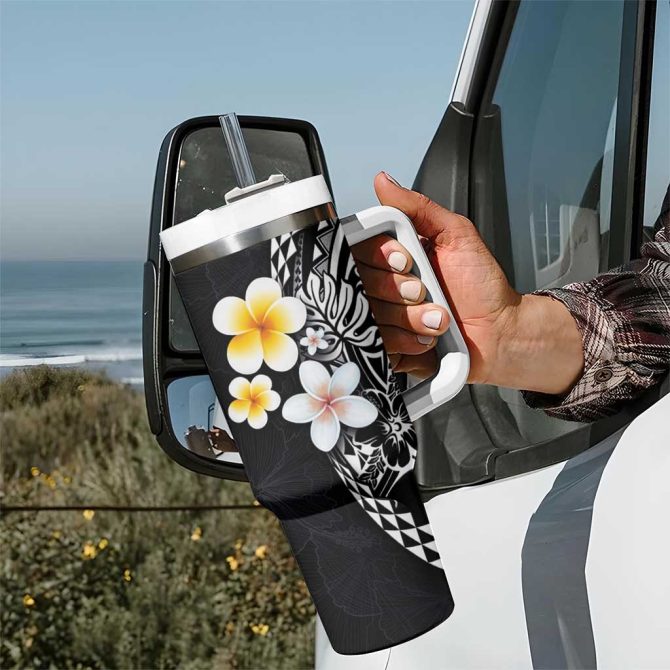 Hawaiian Hibiscus And Plumeria Polynesian Tribal Tattoo Black Color Custom Stanley Quencher 40Oz Stainless Steel Tumbler With Handle - Image 7