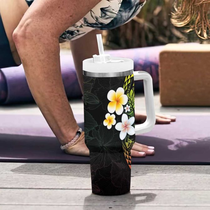 Hawaiian Hibiscus And Plumeria Polynesian Tribal Tattoo Reggae Color Custom Stanley Quencher 40Oz Stainless Steel Tumbler With Handle - Image 6
