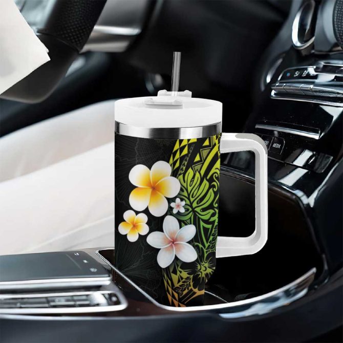 Hawaiian Hibiscus And Plumeria Polynesian Tribal Tattoo Reggae Color Custom Stanley Quencher 40Oz Stainless Steel Tumbler With Handle - Image 8