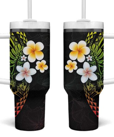 Hawaiian Hibiscus And Plumeria Polynesian Tribal Tattoo Reggae Color Custom Stanley Quencher 40Oz Stainless Steel Tumbler With Handle