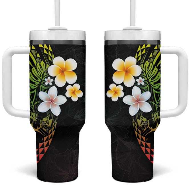 Hawaiian Hibiscus And Plumeria Polynesian Tribal Tattoo Reggae Color Custom Stanley Quencher 40Oz Stainless Steel Tumbler With Handle