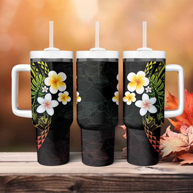 Hawaiian Hibiscus And Plumeria Polynesian Tribal Tattoo Reggae Color Custom Stanley Quencher 40Oz Stainless Steel Tumbler With Handle - Image 4
