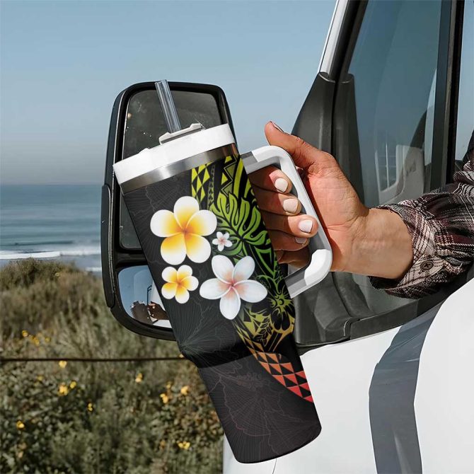 Hawaiian Hibiscus And Plumeria Polynesian Tribal Tattoo Reggae Color Custom Stanley Quencher 40Oz Stainless Steel Tumbler With Handle - Image 7