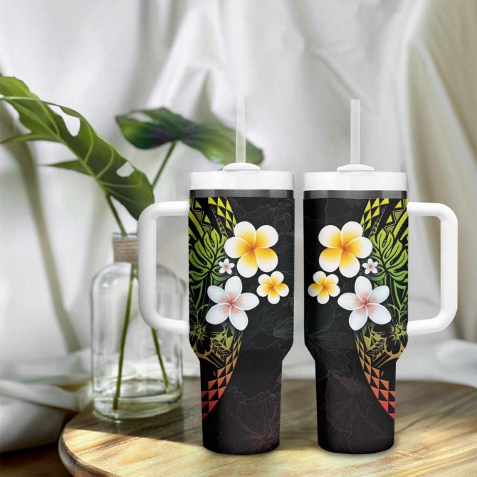 Hawaiian Hibiscus And Plumeria Polynesian Tribal Tattoo Reggae Color Custom Stanley Quencher 40Oz Stainless Steel Tumbler With Handle - Image 9