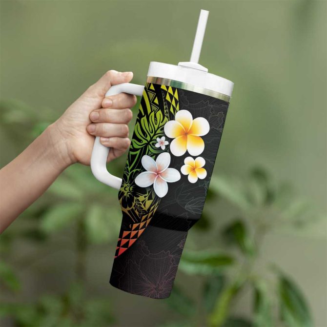 Hawaiian Hibiscus And Plumeria Polynesian Tribal Tattoo Reggae Color Custom Stanley Quencher 40Oz Stainless Steel Tumbler With Handle - Image 3