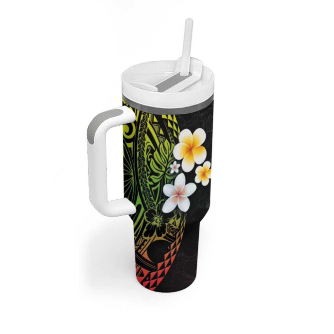 Hawaiian Hibiscus And Plumeria Polynesian Tribal Tattoo Reggae Color Custom Stanley Quencher 40Oz Stainless Steel Tumbler With Handle - Image 2