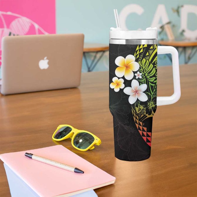 Hawaiian Hibiscus And Plumeria Polynesian Tribal Tattoo Reggae Color Custom Stanley Quencher 40Oz Stainless Steel Tumbler With Handle - Image 5
