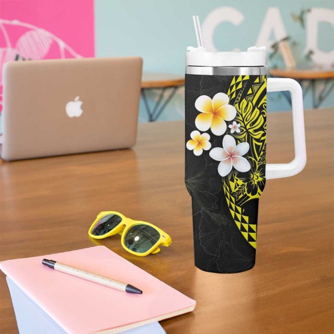 Hawaiian Hibiscus And Plumeria Polynesian Tribal Tattoo Yellow Color Custom Stanley Quencher 40Oz Stainless Steel Tumbler With Handle - Image 5