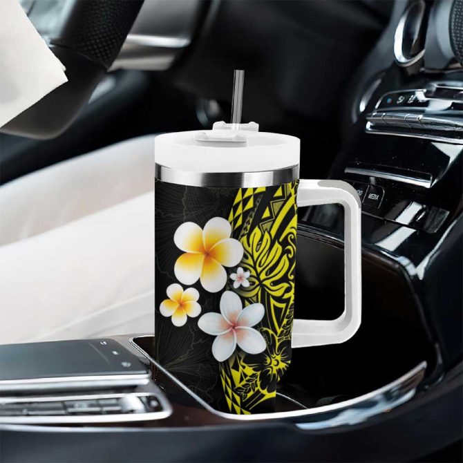 Hawaiian Hibiscus And Plumeria Polynesian Tribal Tattoo Yellow Color Custom Stanley Quencher 40Oz Stainless Steel Tumbler With Handle - Image 8