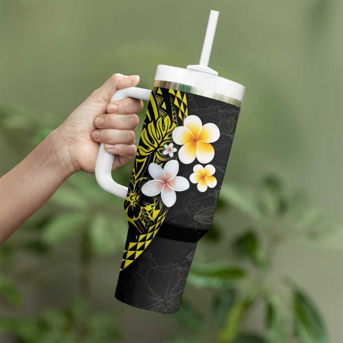 Hawaiian Hibiscus And Plumeria Polynesian Tribal Tattoo Yellow Color Custom Stanley Quencher 40Oz Stainless Steel Tumbler With Handle - Image 3