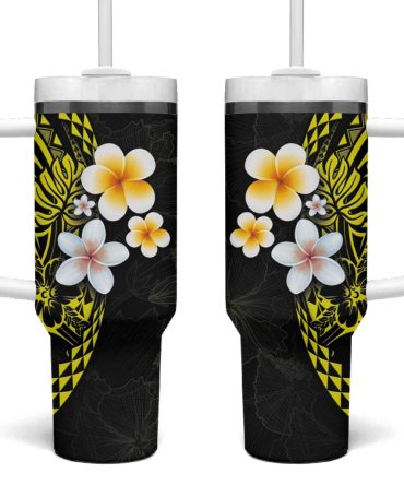 Hawaiian Hibiscus And Plumeria Polynesian Tribal Tattoo Yellow Color Custom Stanley Quencher 40Oz Stainless Steel Tumbler With Handle