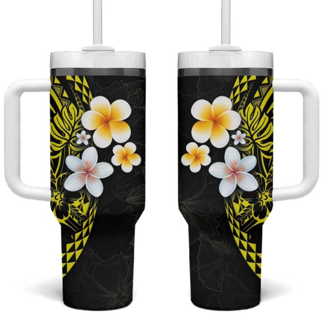 Hawaiian Hibiscus And Plumeria Polynesian Tribal Tattoo Yellow Color Custom Stanley Quencher 40Oz Stainless Steel Tumbler With Handle