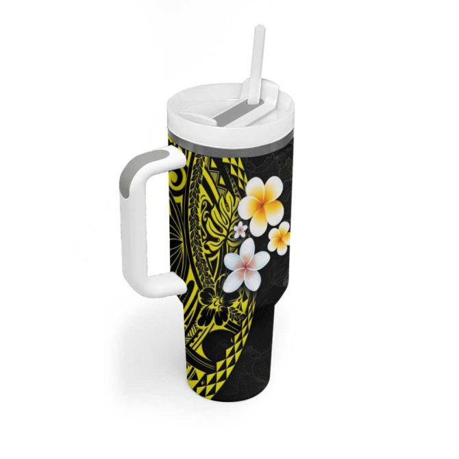 Hawaiian Hibiscus And Plumeria Polynesian Tribal Tattoo Yellow Color Custom Stanley Quencher 40Oz Stainless Steel Tumbler With Handle - Image 2