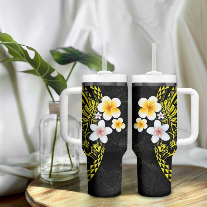Hawaiian Hibiscus And Plumeria Polynesian Tribal Tattoo Yellow Color Custom Stanley Quencher 40Oz Stainless Steel Tumbler With Handle - Image 9