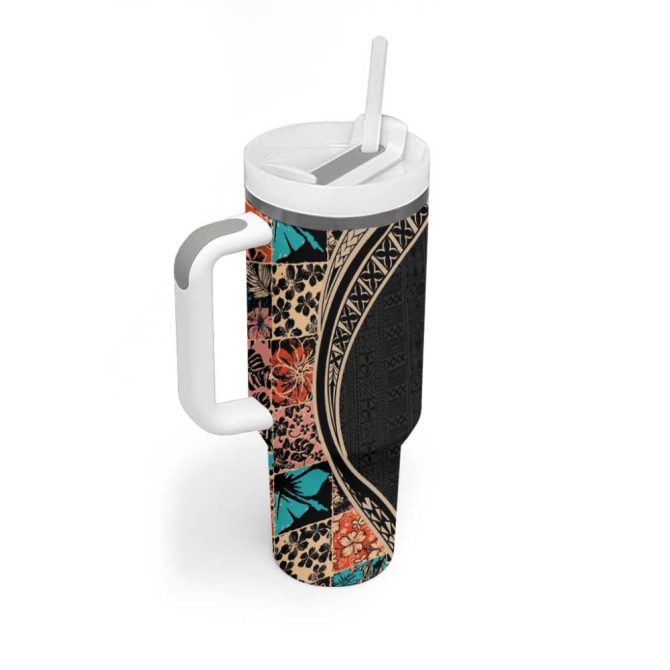 Hawaiian Hibiscus And Tropical Leaves Patchwork Grunge Abstract Custom Stanley Quencher 40Oz Stainless Steel Tumbler With Handle - Image 2