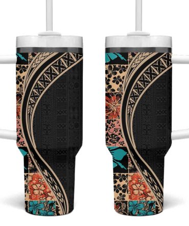 Hawaiian Hibiscus And Tropical Leaves Patchwork Grunge Abstract Custom Stanley Quencher 40Oz Stainless Steel Tumbler With Handle