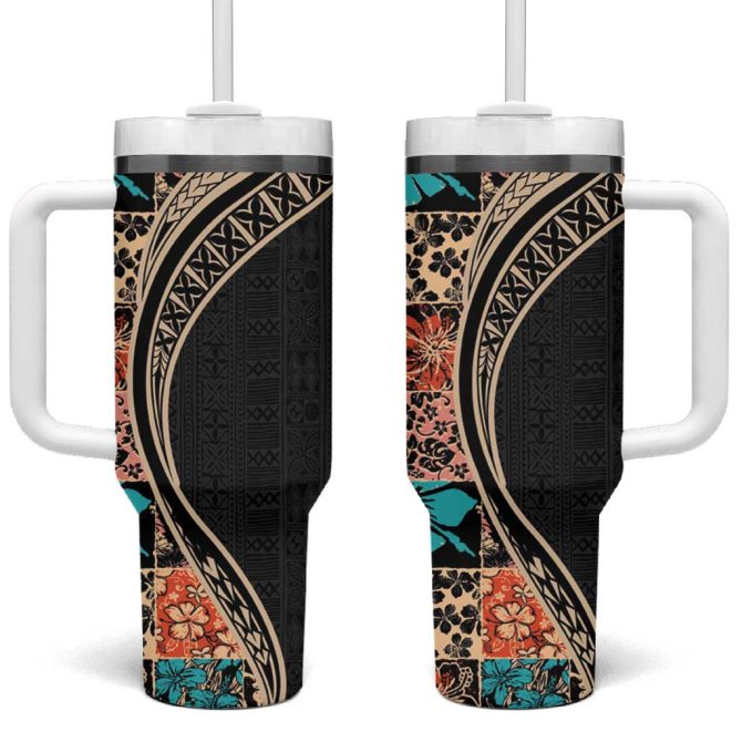 Hawaiian Hibiscus And Tropical Leaves Patchwork Grunge Abstract Custom Stanley Quencher 40Oz Stainless Steel Tumbler With Handle