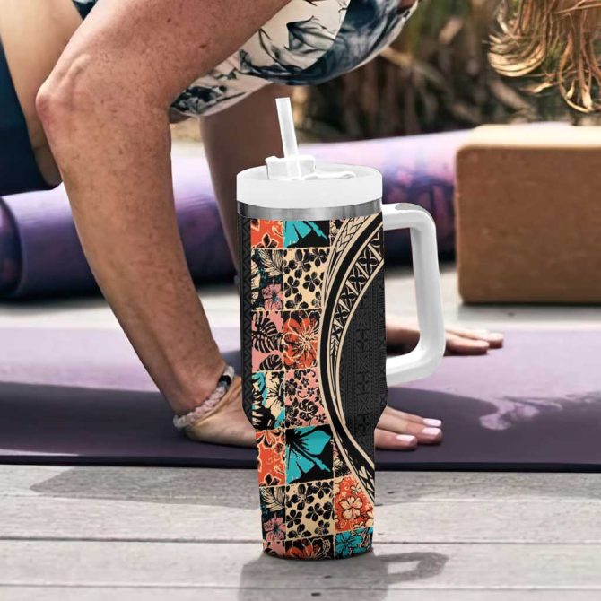 Hawaiian Hibiscus And Tropical Leaves Patchwork Grunge Abstract Custom Stanley Quencher 40Oz Stainless Steel Tumbler With Handle - Image 6