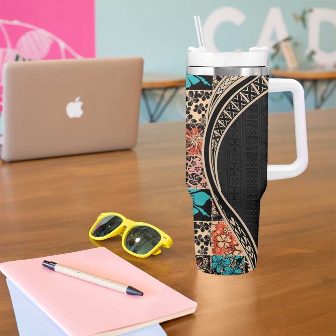 Hawaiian Hibiscus And Tropical Leaves Patchwork Grunge Abstract Custom Stanley Quencher 40Oz Stainless Steel Tumbler With Handle - Image 5