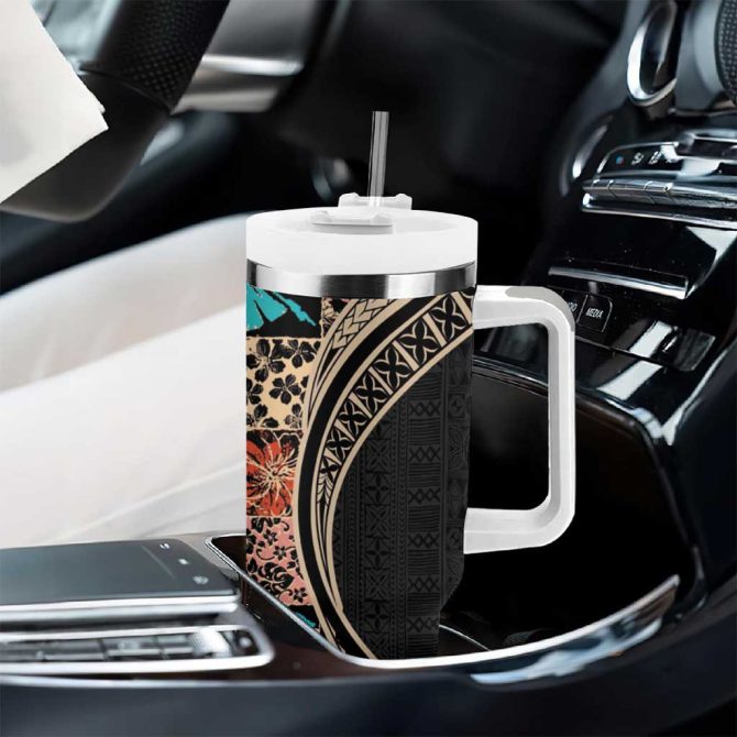Hawaiian Hibiscus And Tropical Leaves Patchwork Grunge Abstract Custom Stanley Quencher 40Oz Stainless Steel Tumbler With Handle - Image 8
