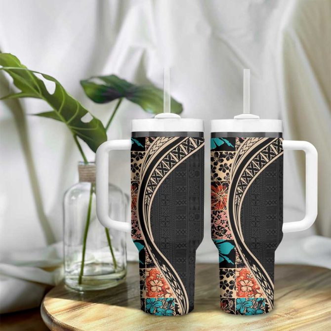 Hawaiian Hibiscus And Tropical Leaves Patchwork Grunge Abstract Custom Stanley Quencher 40Oz Stainless Steel Tumbler With Handle - Image 9