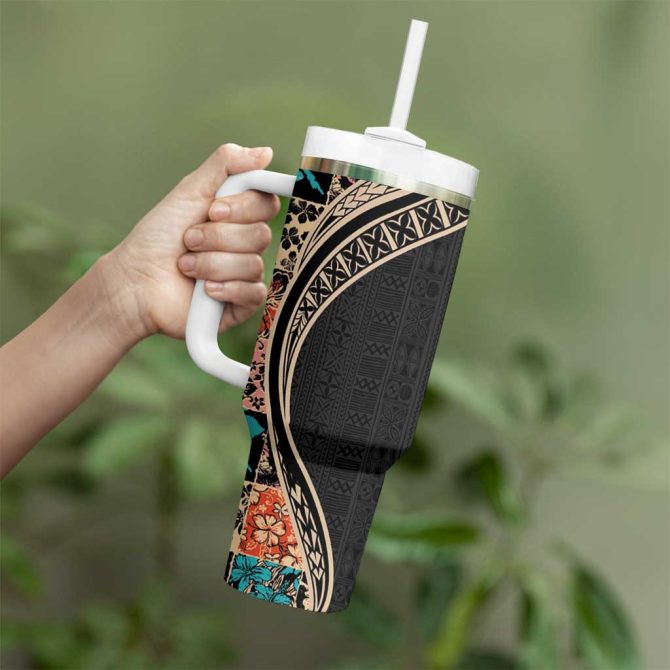 Hawaiian Hibiscus And Tropical Leaves Patchwork Grunge Abstract Custom Stanley Quencher 40Oz Stainless Steel Tumbler With Handle - Image 3