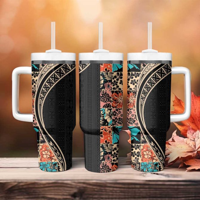 Hawaiian Hibiscus And Tropical Leaves Patchwork Grunge Abstract Custom Stanley Quencher 40Oz Stainless Steel Tumbler With Handle - Image 4