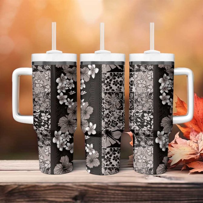 Hawaiian Hibiscus And Tropical Leaves Patchwork Grunge Abstract Vintage Custom Stanley Quencher 40Oz Stainless Steel Tumbler With Handle - Image 4