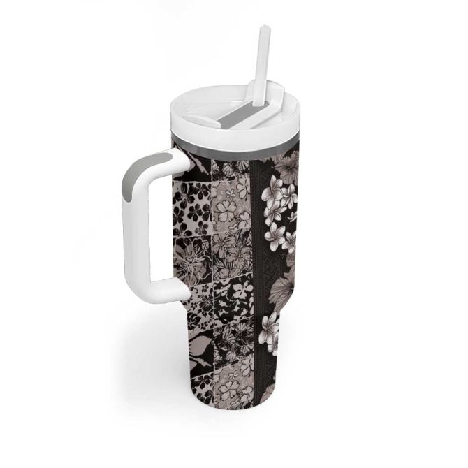 Hawaiian Hibiscus And Tropical Leaves Patchwork Grunge Abstract Vintage Custom Stanley Quencher 40Oz Stainless Steel Tumbler With Handle - Image 2