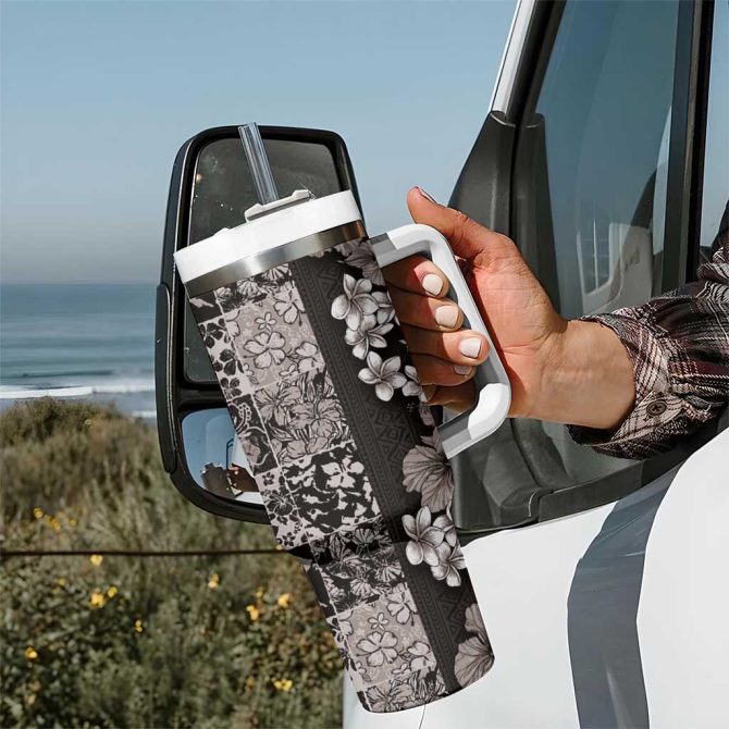 Hawaiian Hibiscus And Tropical Leaves Patchwork Grunge Abstract Vintage Custom Stanley Quencher 40Oz Stainless Steel Tumbler With Handle - Image 7