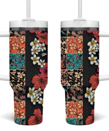 Hawaiian Hibiscus And Tropical Leaves Patchwork Grunge Abstract Vintage Custom Stanley Quencher 40Oz Stainless Steel Tumbler With Handle