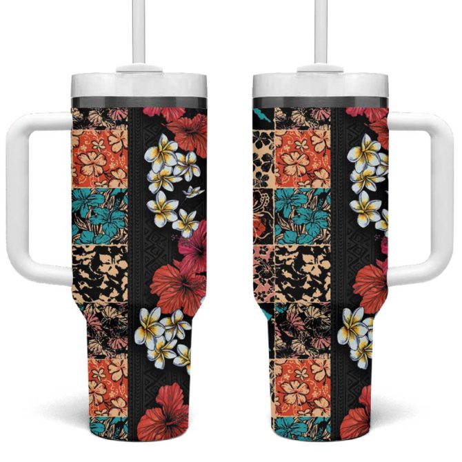 Hawaiian Hibiscus And Tropical Leaves Patchwork Grunge Abstract Vintage Custom Stanley Quencher 40Oz Stainless Steel Tumbler With Handle