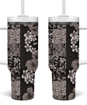 Hawaiian Hibiscus And Tropical Leaves Patchwork Grunge Abstract Vintage Custom Stanley Quencher 40Oz Stainless Steel Tumbler With Handle