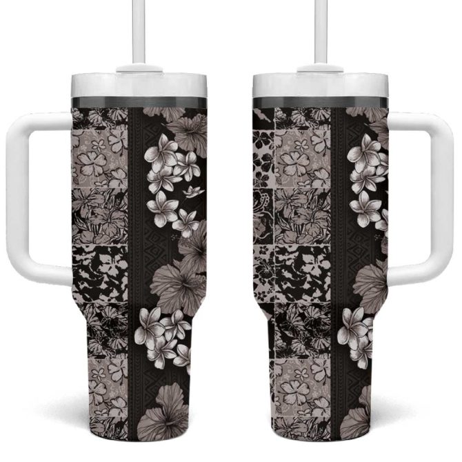 Hawaiian Hibiscus And Tropical Leaves Patchwork Grunge Abstract Vintage Custom Stanley Quencher 40Oz Stainless Steel Tumbler With Handle