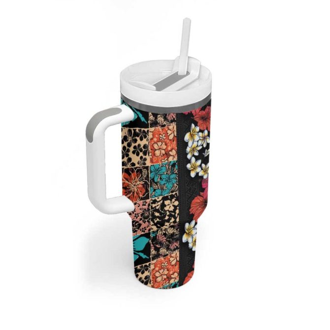 Hawaiian Hibiscus And Tropical Leaves Patchwork Grunge Abstract Vintage Custom Stanley Quencher 40Oz Stainless Steel Tumbler With Handle - Image 2