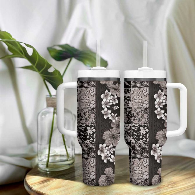 Hawaiian Hibiscus And Tropical Leaves Patchwork Grunge Abstract Vintage Custom Stanley Quencher 40Oz Stainless Steel Tumbler With Handle - Image 9
