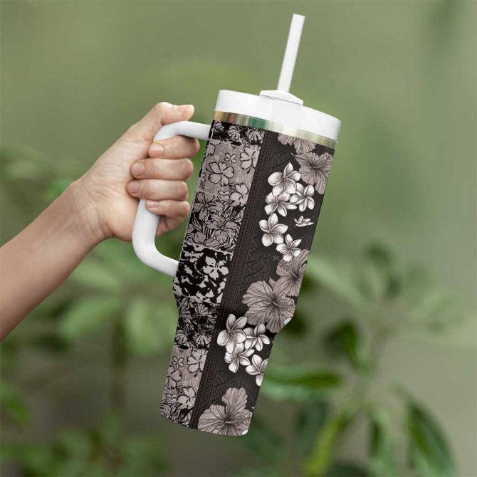 Hawaiian Hibiscus And Tropical Leaves Patchwork Grunge Abstract Vintage Custom Stanley Quencher 40Oz Stainless Steel Tumbler With Handle - Image 3