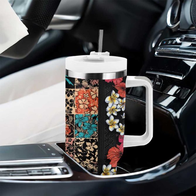 Hawaiian Hibiscus And Tropical Leaves Patchwork Grunge Abstract Vintage Custom Stanley Quencher 40Oz Stainless Steel Tumbler With Handle - Image 8