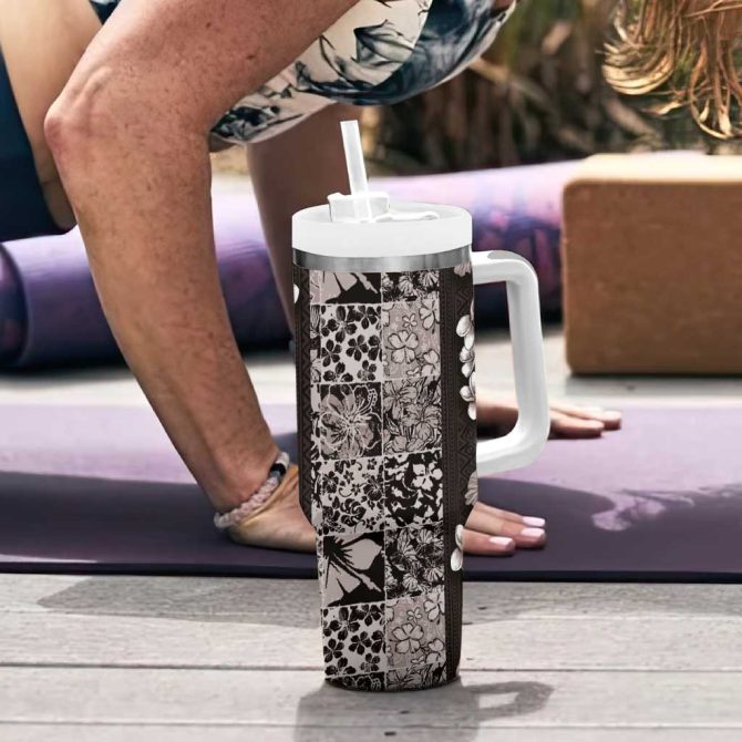 Hawaiian Hibiscus And Tropical Leaves Patchwork Grunge Abstract Vintage Custom Stanley Quencher 40Oz Stainless Steel Tumbler With Handle - Image 6
