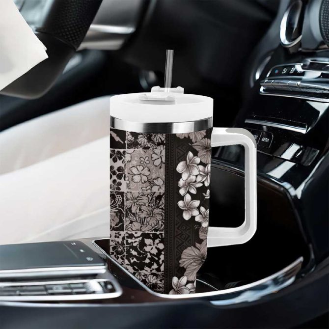 Hawaiian Hibiscus And Tropical Leaves Patchwork Grunge Abstract Vintage Custom Stanley Quencher 40Oz Stainless Steel Tumbler With Handle - Image 8