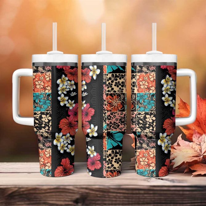 Hawaiian Hibiscus And Tropical Leaves Patchwork Grunge Abstract Vintage Custom Stanley Quencher 40Oz Stainless Steel Tumbler With Handle - Image 4
