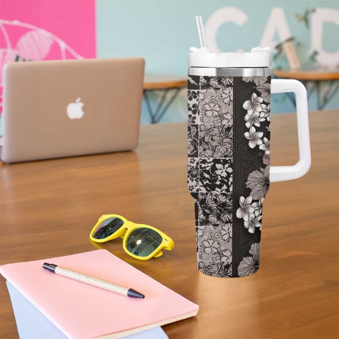 Hawaiian Hibiscus And Tropical Leaves Patchwork Grunge Abstract Vintage Custom Stanley Quencher 40Oz Stainless Steel Tumbler With Handle - Image 5